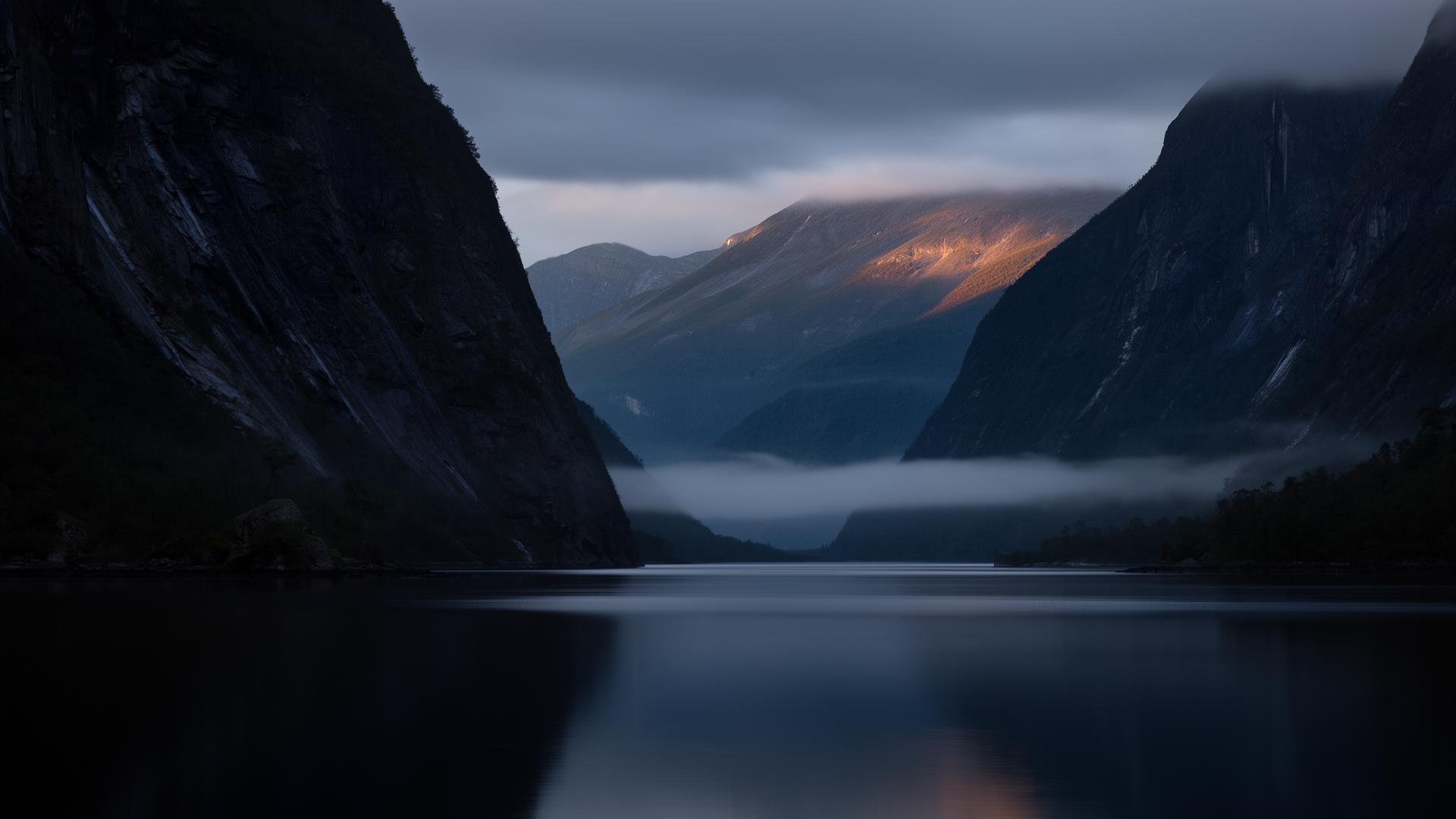 Dramatic Norwegian fjord at dusk